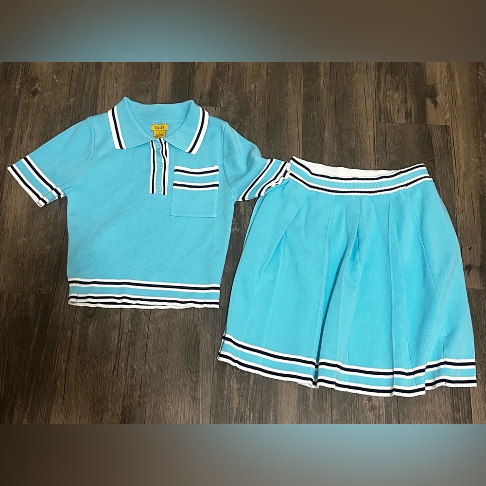 Daisy Juniors Blue Small Varsity Set Polo Shirt Top Mini Skirt Attached Shorts